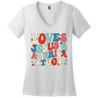 Loves Jesus and America Too Groovy 4th of July God Christian Women's V-Neck T-Shirt