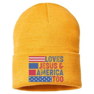 Loves Jesus & America Too Christ 4th Of July American Flag Sustainable Knit Beanie