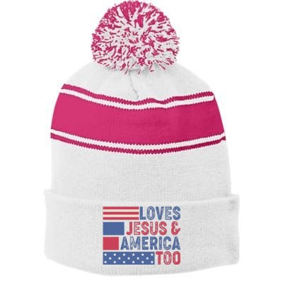 Loves Jesus & America Too Christ 4th Of July American Flag Stripe Pom Pom Beanie