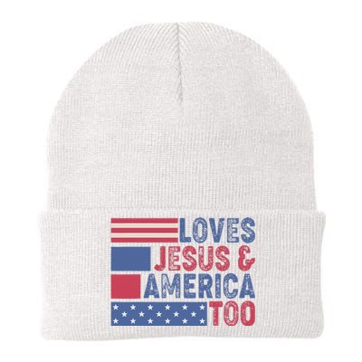 Loves Jesus & America Too Christ 4th Of July American Flag Knit Cap Winter Beanie