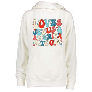 Loves Jesus and America Too Groovy 4th of July God Christian Womens Funnel Neck Pullover Hood