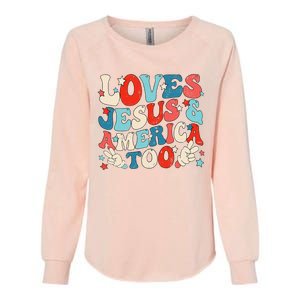 Loves Jesus and America Too Groovy 4th of July God Christian Womens California Wash Sweatshirt