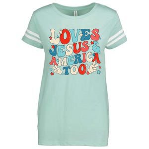 Loves Jesus and America Too Groovy 4th of July God Christian Enza Ladies Jersey Football T-Shirt