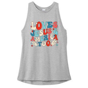 Loves Jesus and America Too Groovy 4th of July God Christian Ladies PosiCharge Tri-Blend Wicking Tank