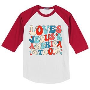 Loves Jesus and America Too Groovy 4th of July God Christian Kids Colorblock Raglan Jersey