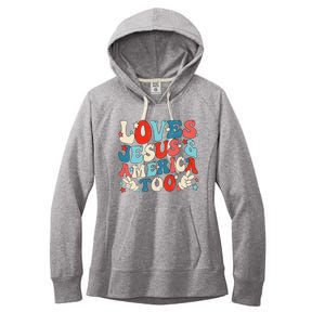 Loves Jesus and America Too Groovy 4th of July God Christian Women's Fleece Hoodie