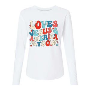 Loves Jesus and America Too Groovy 4th of July God Christian Womens Cotton Relaxed Long Sleeve T-Shirt