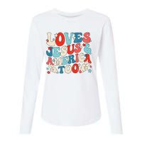 Loves Jesus and America Too Groovy 4th of July God Christian Womens Cotton Relaxed Long Sleeve T-Shirt