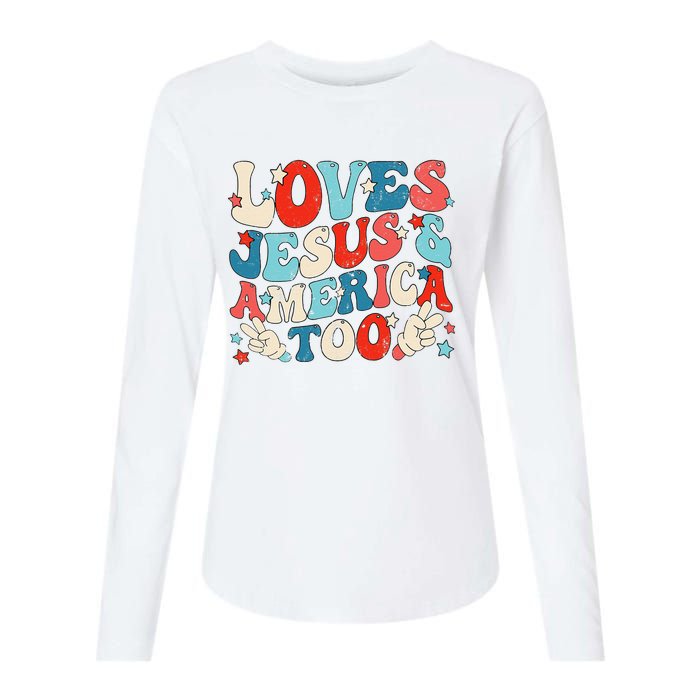 Loves Jesus and America Too Groovy 4th of July God Christian Womens Cotton Relaxed Long Sleeve T-Shirt