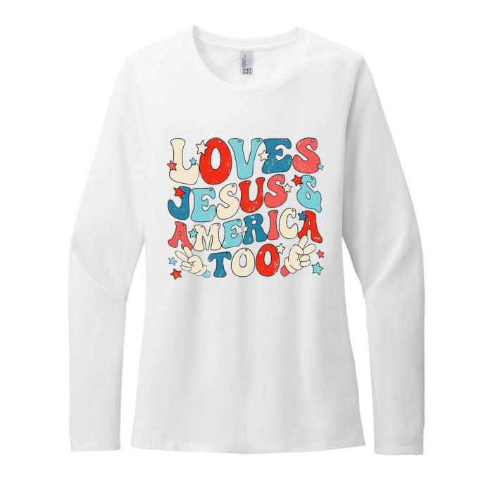 Loves Jesus and America Too Groovy 4th of July God Christian Womens CVC Long Sleeve Shirt