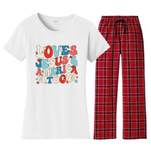 Loves Jesus and America Too Groovy 4th of July God Christian Women's Flannel Pajama Set