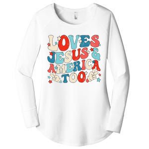 Loves Jesus and America Too Groovy 4th of July God Christian Women's Perfect Tri Tunic Long Sleeve Shirt