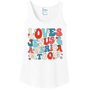 Loves Jesus and America Too Groovy 4th of July God Christian Ladies Essential Tank