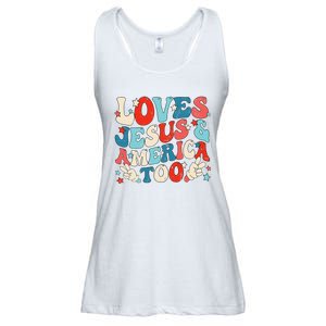 Loves Jesus and America Too Groovy 4th of July God Christian Ladies Essential Flowy Tank