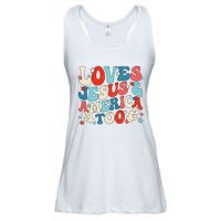 Loves Jesus and America Too Groovy 4th of July God Christian Ladies Essential Flowy Tank