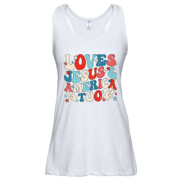 Loves Jesus and America Too Groovy 4th of July God Christian Ladies Essential Flowy Tank