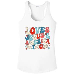 Loves Jesus and America Too Groovy 4th of July God Christian Ladies PosiCharge Competitor Racerback Tank