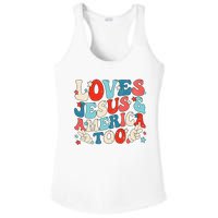 Loves Jesus and America Too Groovy 4th of July God Christian Ladies PosiCharge Competitor Racerback Tank