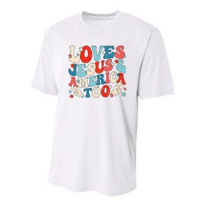 Loves Jesus and America Too Groovy 4th of July God Christian Youth Performance Sprint T-Shirt