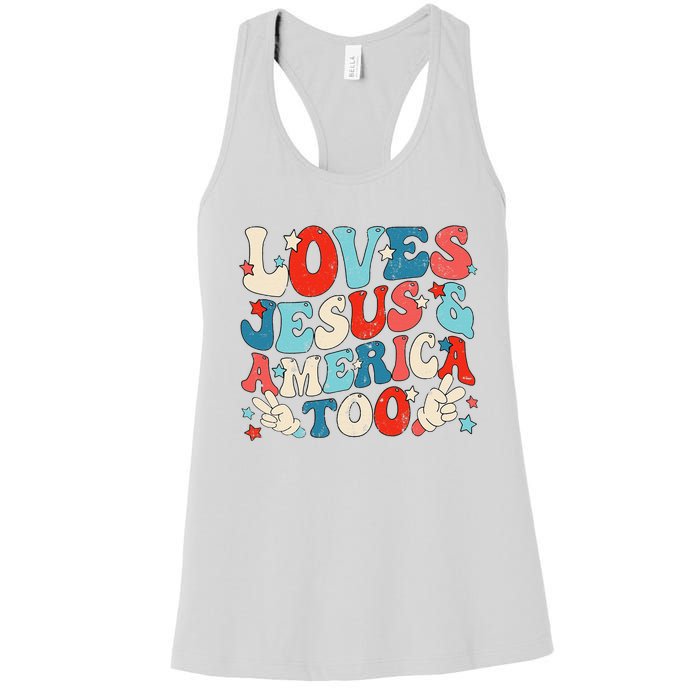 Loves Jesus and America Too Groovy 4th of July God Christian Women's Racerback Tank