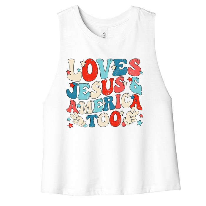 Loves Jesus and America Too Groovy 4th of July God Christian Women's Racerback Cropped Tank