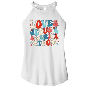 Loves Jesus and America Too Groovy 4th of July God Christian Women's Perfect Tri Rocker Tank