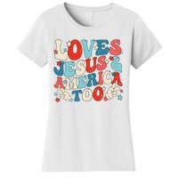 Loves Jesus and America Too Groovy 4th of July God Christian Women's T-Shirt