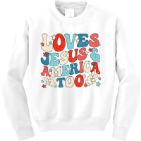 Loves Jesus and America Too Groovy 4th of July God Christian Kids Sweatshirt