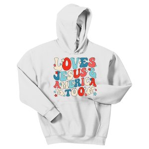 Loves Jesus and America Too Groovy 4th of July God Christian Kids Hoodie