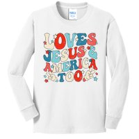 Loves Jesus and America Too Groovy 4th of July God Christian Kids Long Sleeve Shirt