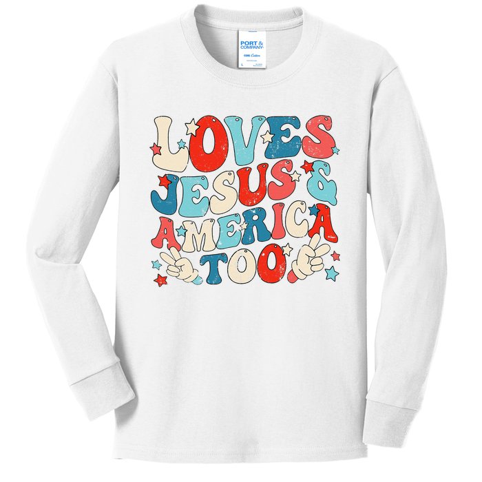 Loves Jesus and America Too Groovy 4th of July God Christian Kids Long Sleeve Shirt