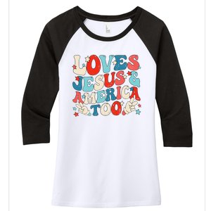 Loves Jesus and America Too Groovy 4th of July God Christian Women's Tri-Blend 3/4-Sleeve Raglan Shirt