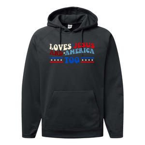 Loves Jesus And America Too Patriotic 4th of july christian Performance Fleece Hoodie