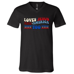 Loves Jesus And America Too Patriotic 4th of july christian V-Neck T-Shirt