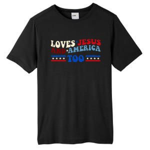 Loves Jesus And America Too Patriotic 4th of july christian Tall Fusion ChromaSoft Performance T-Shirt