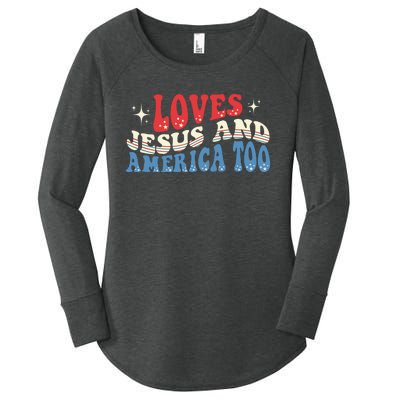 Loves Jesus And America Too God Christian Groovy 4th Of July Women's Perfect Tri Tunic Long Sleeve Shirt