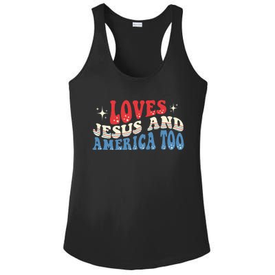 Loves Jesus And America Too God Christian Groovy 4th Of July Ladies PosiCharge Competitor Racerback Tank