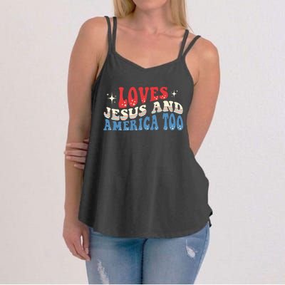 Loves Jesus And America Too God Christian Groovy 4th Of July Women's Strappy Tank