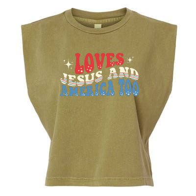 Loves Jesus And America Too God Christian Groovy 4th Of July Garment-Dyed Women's Muscle Tee