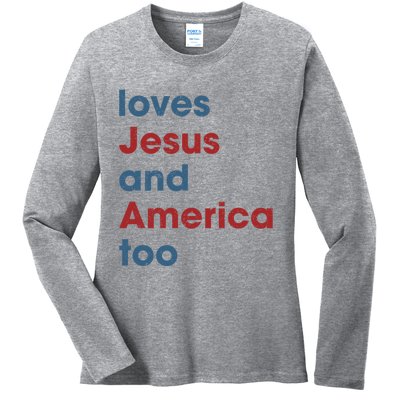 Loves Jesus And America Too Christian Patriot Ladies Long Sleeve Shirt