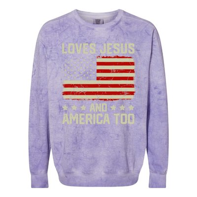 Loves Jesus And America Too USA Patriotic Christian Colorblast Crewneck Sweatshirt