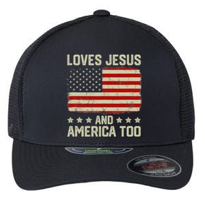 Loves Jesus And America Too USA Patriotic Christian Flexfit Unipanel Trucker Cap