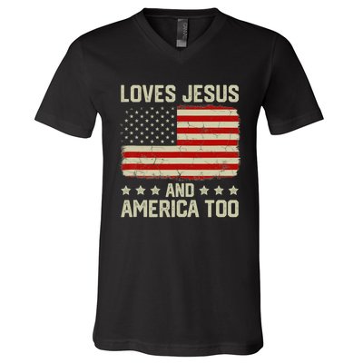 Loves Jesus And America Too USA Patriotic Christian V-Neck T-Shirt