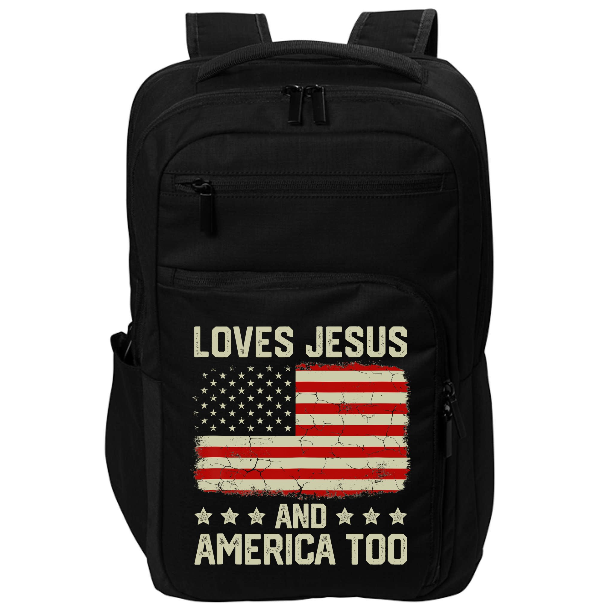 Loves Jesus And America Too USA Patriotic Christian Impact Tech Backpack