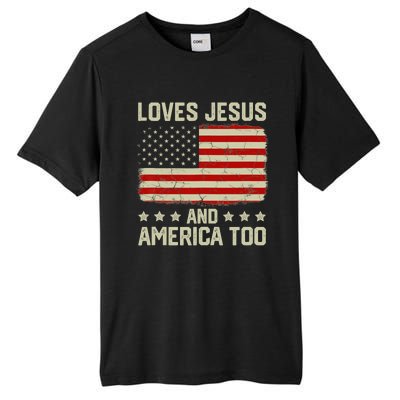 Loves Jesus And America Too USA Patriotic Christian Tall Fusion ChromaSoft Performance T-Shirt