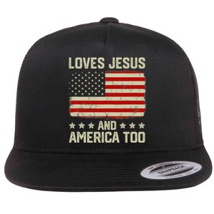 Loves Jesus And America Too USA Patriotic Christian Flat Bill Trucker Hat