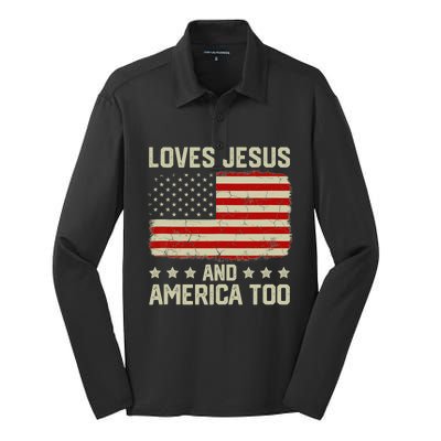 Loves Jesus And America Too USA Patriotic Christian Silk Touch Performance Long Sleeve Polo