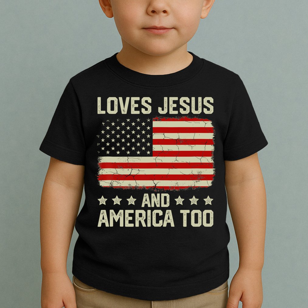 Loves Jesus And America Too USA Patriotic Christian Toddler T-Shirt