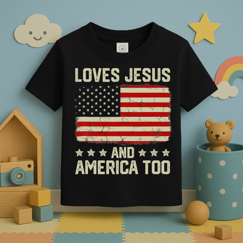 Loves Jesus And America Too USA Patriotic Christian Toddler T-Shirt