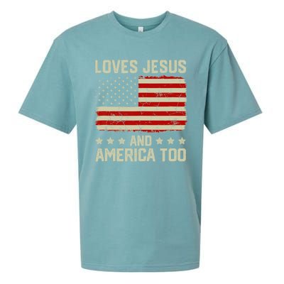 Loves Jesus And America Too USA Patriotic Christian Sueded Cloud Jersey T-Shirt